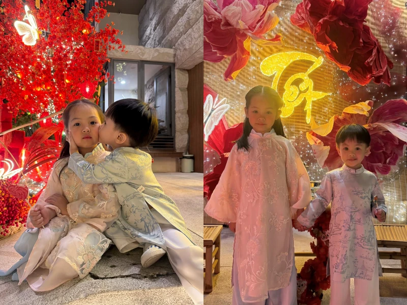 Hai con Đàm Thu Trang diện áo dài, chụp ảnh đón Tết trước biệt thự gia đình