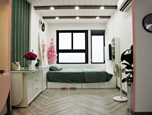Căn hộ búp bê của nữ gia chủ yêu màu xanh và hồng, dùng thùng gỗ làm giường - Hình 15 Can ho bup be cua nu gia chu yeu mau xanh va hong, dung thung go lam giuong-Hinh-15