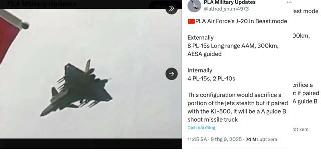 J-20 "quái thú" xuất hiện với 12 tên lửa PL-15 và 2 tên lửa PL-10. j20-quai-thu.jpg