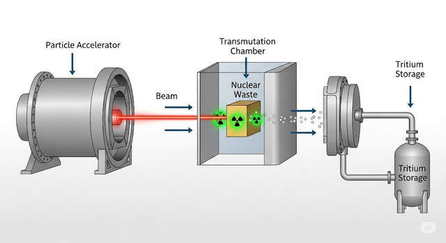 Máy gia tốc bắn phá các thành phần phóng xạ trong chất thải hạt nhân, giải phóng neutron để tạo ra tritium. Minh họa: GenAI san-xuat-tritium.png