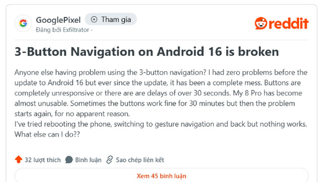 Hàng loạt người dùng kêu than gặp sự cố với thao tác điều hướng trên Android 16. Ảnh: Android Authority 3-button.png