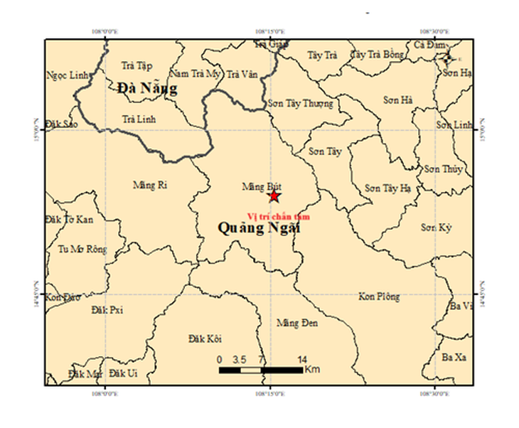 Bản đồ tâm chấn trận động đất mạnh 4,5 độ ở xã Măng Bút, tỉnh Quảng Ngãi lúc 1h36 sáng 11-9 - Ảnh: Viện Các khoa học Trái đất.