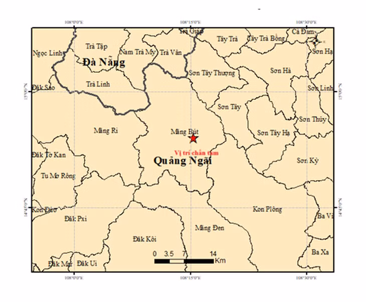 Bản đồ tâm chấn trận động đất mạnh 4,5 độ ở xã Măng Bút, tỉnh Quảng Ngãi lúc 1h36 sáng 11-9 - Ảnh: Viện Các khoa học Trái đất.