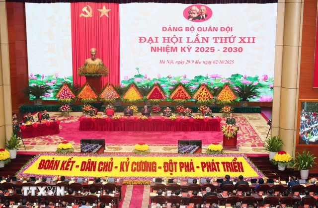 Toàn cảnh Đại hội đại biểu Đảng bộ Quân đội lần thứ XII, nhiệm kỳ 2025-2030. Ảnh: TTXVN. khai-mac-trong-the-dai-hoi-dai-bieu-dang-bo-quan-doi-nhiem-ky-2025-2030-3.jpg