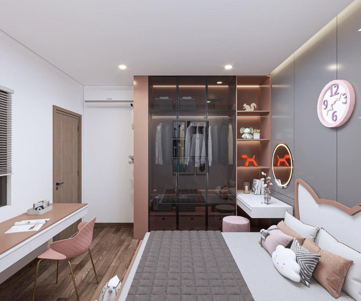 Phòng ngủ cho bé gái với gam màu hồng pastel và đồ decor ngộ nghĩnh. Ngôi nhà được xây dựng lên để đáp ứng nguyện vọng của chủ nhân về một nơi “trú ẩn”, nơi mà gia đình có thể quây quần bên nhau.