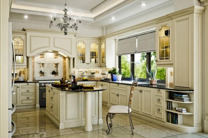 Căn bếp không sở hữu diện tích quá lớn song vẫn toát lên sự bề thế nhờ cách bài trí các vật dụng. Tủ bếp được làm từ gỗ tự nhiên, bàn bếp lát đá đen làm tăng thêm vẻ huyền bí, sang trọng Mẫu nhà bếp biệt thự kiểu hiện đại