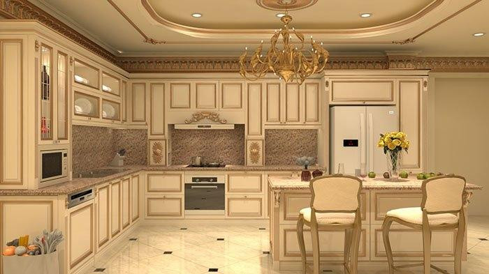 Mẫu nhà bếp biệt thự kiểu cổ điển: Phong cách cổ điển đậm chất quý tộc là lựa chọn của nhiều gia chủ giàu có khi muốn thiết kế nhà bếp cho biệt thự. Nhà bếp kiểu cổ điển thường gây ấn tượng bởi những chi tiết cầu kỳ, tinh xảo, hướng tới sự hoàn mỹ