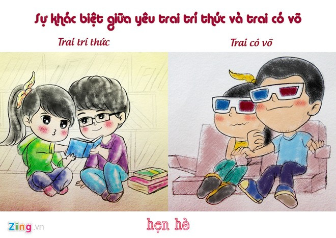 Khi yêu, trai trí thức hay rủ bạn gái hẹn hò trong thư viện, các quán cafe đẹp và cùng nhau trò chuyện, đọc sách. Còn trai có võ lại gặp mặt người yêu trong rạp xiếc hay đi xem phim hành động, kinh dị.