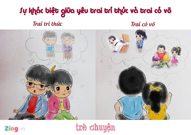 Những lúc trò chuyện, trai trí thức hay nói về việc làm sao học tốt cùng thành tích học tập đáng nể của mình. Trong khi đó, trai có võ khoe khoang đủ mọi chiến tích lẫy lừng của bản thân như đã vất vả tập luyện thế nào, một mình có thế hạ gục nhiều tên khác ra sao...