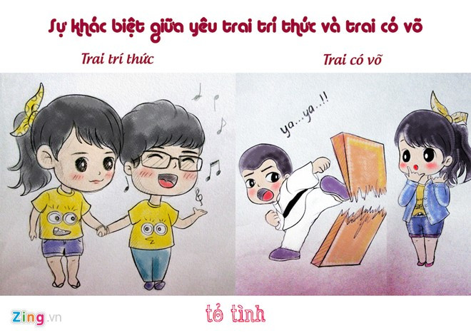 Lúc tỏ tình, anh chàng thư sinh thường thích làm quen theo cách thật lãng mạn như hát tặng, viết thư, làm thơ... Ngược lại, trai có võ thích biểu diễn võ thuật, quay clip với những động tác điêu luyện nhằm khiến cô gái mình muốn chinh phục ngưỡng mộ.