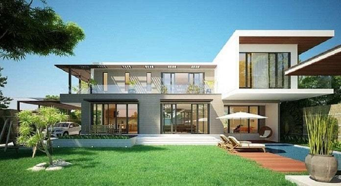 Đây là mẫu biệt thự hiện đại 2 tầng có kiến trúc không quá cầu kỳ. Vẻ đẹp của nó chính là không gian mở, tạo cảm giác hòa hợp với thiên nhiên