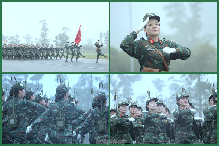 Những động tác đẹp mắt của Khối nữ sĩ quan Thông tin khi luyện tập diễu binh qua lễ đài.