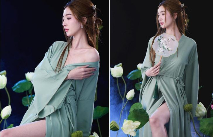 à xã Hồ Quang Hiếu khoe dáng gợi cảm trong trang phục cổ trang.