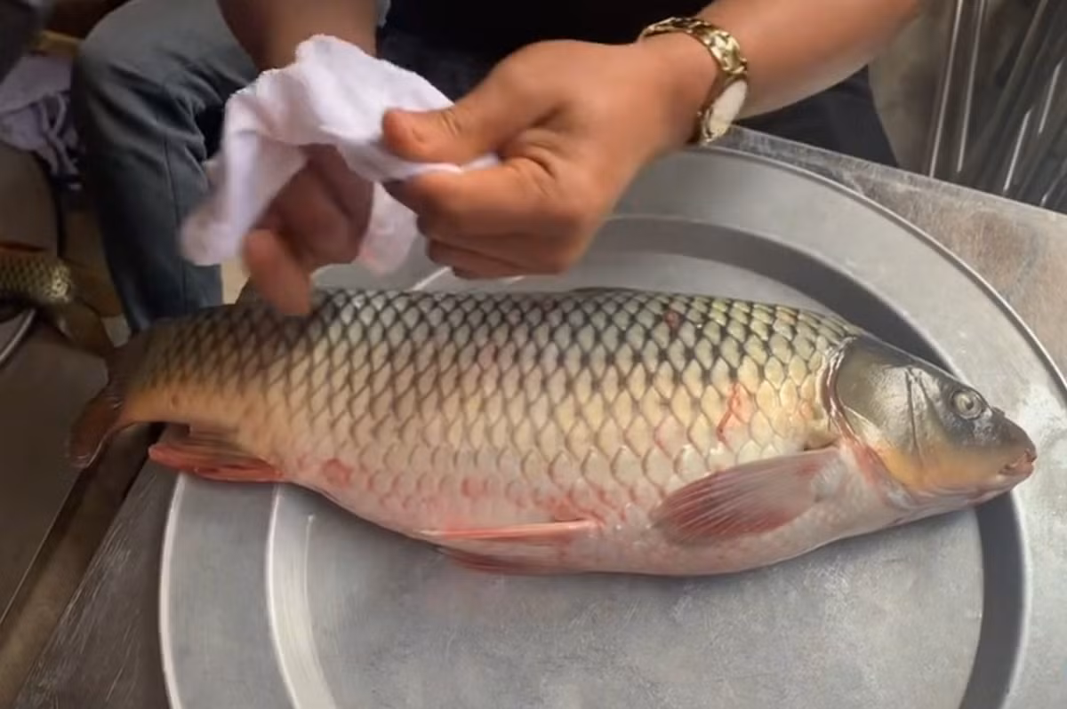 Điều làm nên sự đặc biệt của món ăn chính là kỹ thuật chế biến cầu kỳ. Cá chép được chọn lọc kỹ, trọng lượng từ 2 đến 3kg, nuôi dưỡng trong ao một năm để đảm bảo khỏe mạnh. Trước khi chế biến, cá được thả trong chậu nước 1-2 ngày nhằm đào thải chất bẩn và giữ vị tươi ngon. Thân cá được làm sạch, mổ bụng bỏ ruột, sau đó nhồi lá chuối khô và khâu lại sao cho nguyên vẹn, giữ lớp vảy vàng óng và đuôi cá. Ảnh Báo Vietnamnet