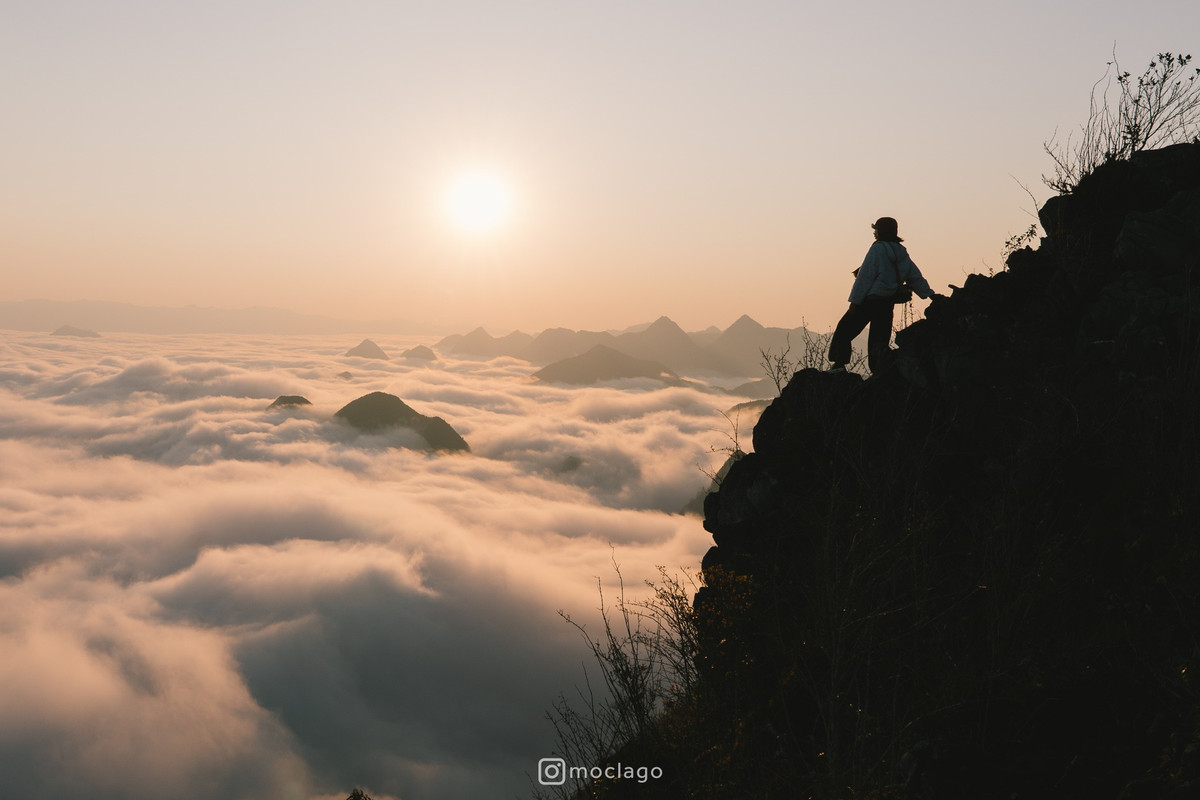 Vào khoảnh khắc bình minh, khi mặt trời vừa nhô lên khỏi đường chân trời, ánh nắng nhuộm hồng lớp mây dày, tạo nên khung cảnh mơ màng, tĩnh lặng. Núi đá trập trùng hiện ra, lúc ẩn lúc hiện trong biển mây, khiến nhiều du khách không khỏi ngỡ ngàng vì vẻ đẹp quá đỗi siêu thực – một cảnh tượng không phải ai cũng có cơ hội tận mắt chứng kiến. Ảnh Bac Nguyen
