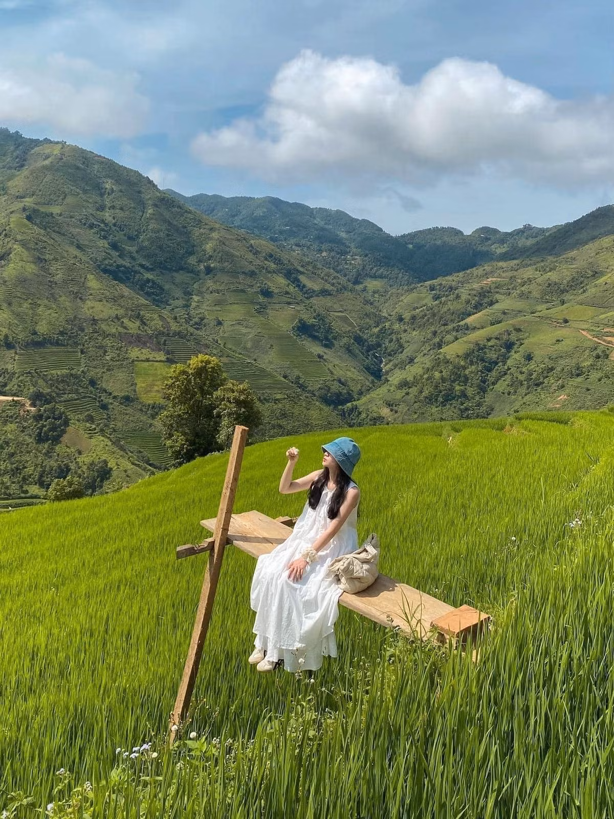 Mùa lúa xanh ở Xím Vàng không rực rỡ như mùa lúa chín, nhưng lại mang đến cảm giác trong lành, thanh sạch. Những thửa ruộng như từng lớp sóng lúa ôm lấy chân núi, xen kẽ là những lối mòn đất đỏ và con suối nhỏ róc rách chảy ngang bản. Ảnh Nguyễn Phương Thảo