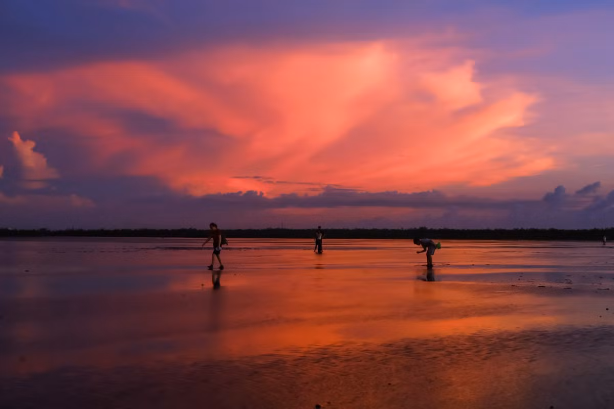 . Nhiều người từ Hà Nội, Hải Phòng, Ninh Bình... thường tranh thủ đi từ đêm để kịp đón khoảnh khắc bình minh đầu ngày. Bãi bồi rộng, nông và phẳng lặng, nước chỉ xăm xắp mắt cá nên rất dễ di chuyển, chụp ảnh, thậm chí dạo chân trần giữa "biển trời vô tận". Ảnh Phạm Tú