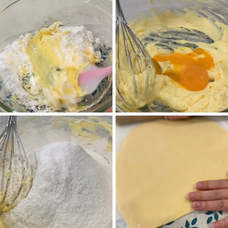 Quá trình làm bánh bắt đầu bằng việc trộn bơ nhạt và đường xay trong một tô lớn, đánh đều đến khi hỗn hợp chuyển sang màu vàng kem, mịn và nhẹ. Khi bơ và đường đã hòa quyện, tiếp tục cho lòng đỏ trứng vào, trộn đều để tạo độ béo và kết dính cho khối bột. Ảnh minh họa