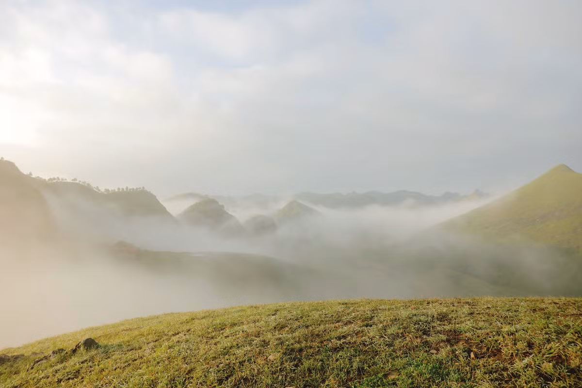 Từ tháng 5 đến tháng 10 hằng năm, đồi Ba Quáng khoác lên mình tấm áo mới – thảm cỏ xanh mướt trải dài bất tận trên những mỏm đồi nhấp nhô, tạo nên khung cảnh nên thơ và khoáng đạt. Đặc biệt vào sáng sớm hoặc chiều muộn, nơi đây trở thành thiên đường mây khi sương giăng nhẹ, ánh nắng xuyên qua tầng mây phản chiếu lên nền cỏ tạo thành bức tranh dịu dàng, ảo diệu chẳng khác gì trong những thước phim Hàn Quốc. Ảnh Thế Kiệt