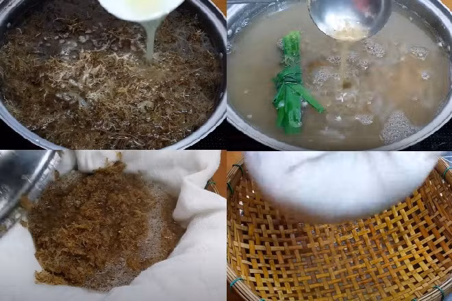 Bí quyết để món xu xoa đông lại là thêm một chút nước cốt chanh vào nồi khi nấu. Khi rong đã chín rục và nước chuyển sang màu sánh đặc, người ta sẽ lọc qua túi vải, vắt kỹ lấy phần nước, rồi để nguội trong khuôn hoặc hộp. Chỉ khoảng 30 phút sau, hỗn hợp sẽ đông lại thành lớp thạch mát lạnh, mềm mịn và thơm mùi biển cả.