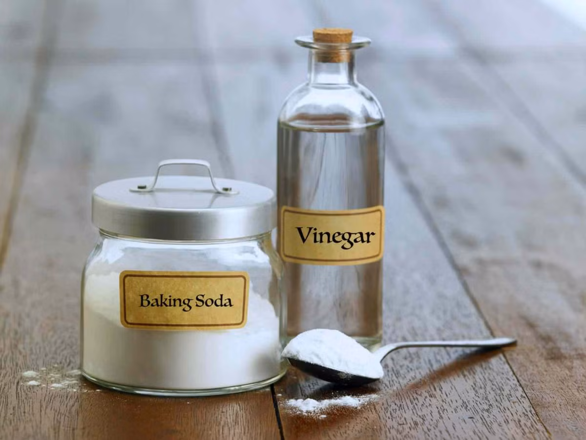 Baking soda + giấm trắng đây là bộ đôi nổi tiếng trong việc làm sạch nhà bếp. Cho 1 chén nước và 1/2 chén giấm trắng vào nồi cháy, đun sôi trong 5–10 phút. Tắt bếp, rắc baking soda vào vùng đáy nồi còn nóng. Sau vài phút, dùng miếng rửa chén chà nhẹ – lớp cháy sẽ bong ra dễ dàng. Ảnh VinID