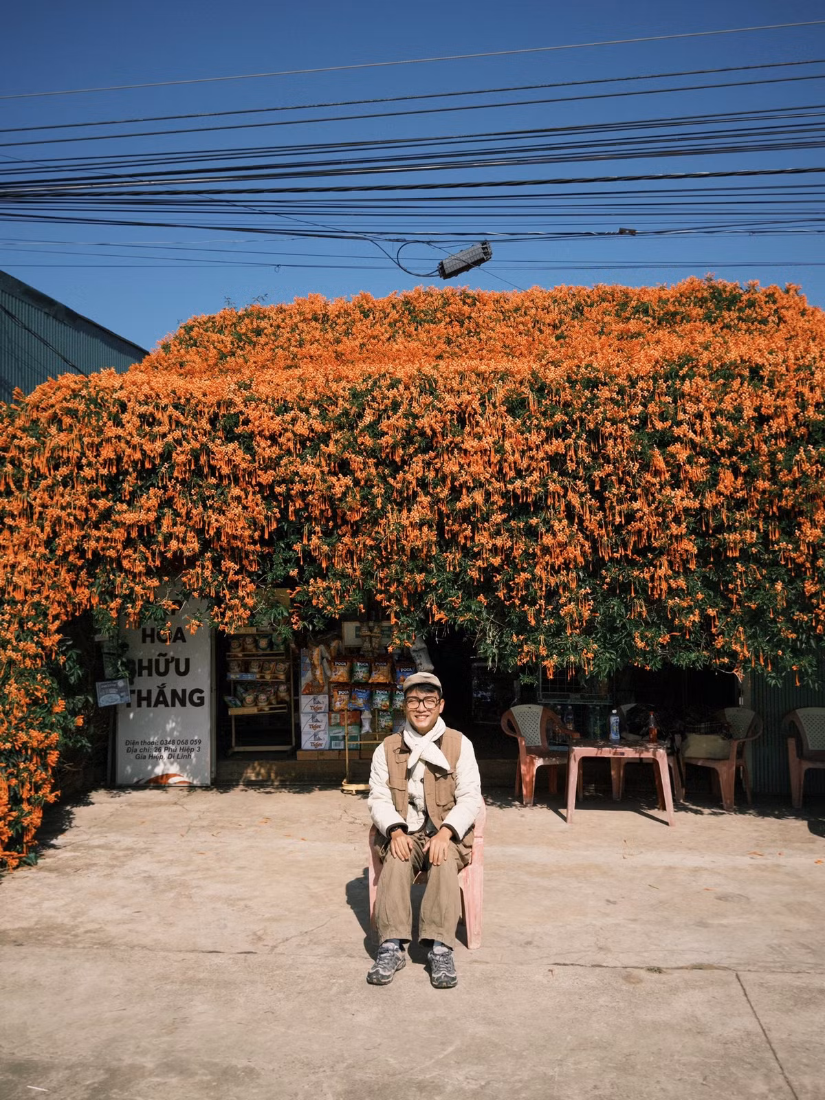 Chủ nhân của giàn hoa đặc biệt này là vợ chồng ông Hữu Thắng và bà Hà Thị Lánh. Được biết cây hoa chùm ớt được gia chủ trồng từ gần 20 năm trước, ban đầu chỉ là một giàn leo nhỏ để che mát. Qua thời gian, nhờ được chăm sóc đều đặn, cây lớn dần, lan rộng và phủ kín toàn bộ ngôi nhà. Ảnh Nè He Đà Lạt