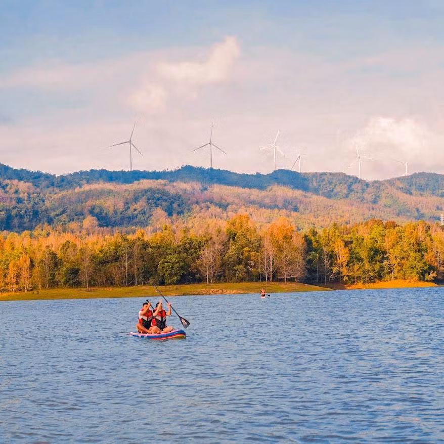 Phong hương hay còn gọi là sau sau, bạch giao hương, mỗi năm chỉ đổi màu rực rỡ từ tháng 11 đến tháng 1. Khi nắng cuối năm chiếu qua từng tán lá, cả khu rừng như sáng bừng, phản chiếu xuống mặt hồ xanh biếc tạo nên khung cảnh vừa lãng mạn vừa hiếm gặp ở khu vực miền Trung. Nhiều du khách cho rằng đứng bên hồ thời điểm này chẳng khác gì đang ngắm rừng lá đỏ nơi trời Âu. Ảnh Jungle Boss Tours