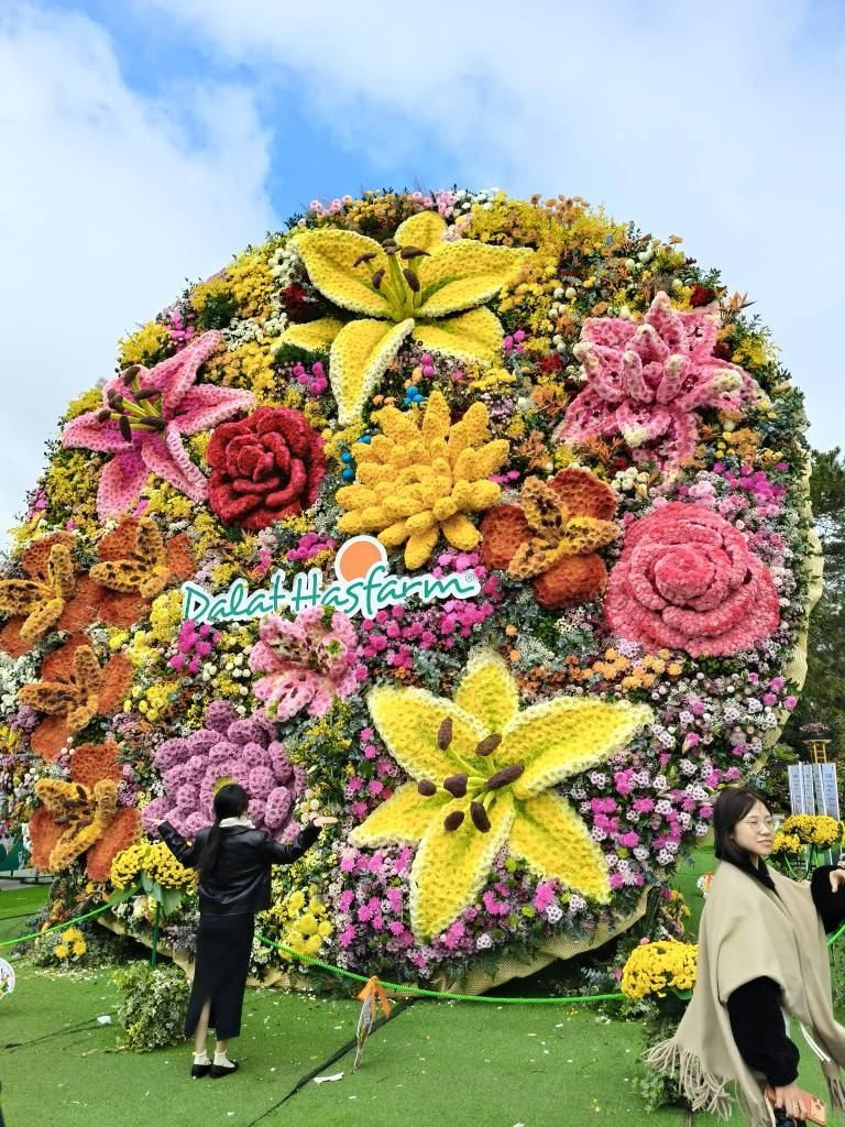 Để hoàn thiện tác phẩm ấn tượng này, khoảng 150 nghệ nhân và chuyên viên cắm hoa đã được huy động, chia thành 7 nhóm thi công liên tục trong nhiều ngày. Ảnh Vườn hoa Đà Lạt