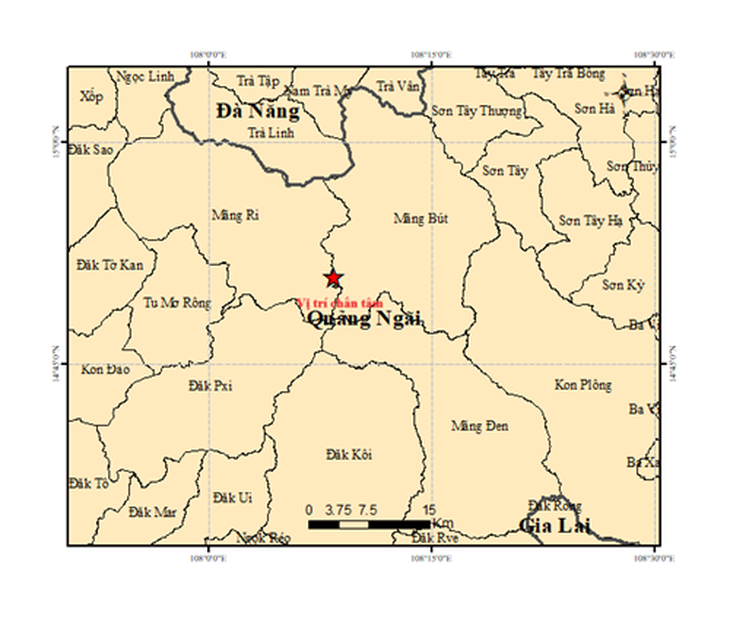 Bản đồ chấn tâm trận động đất 4,9 độ ở xã Măng Bút.