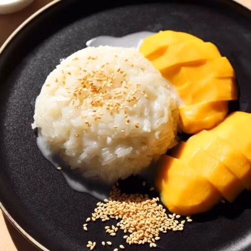 Nếu du khách yêu thích các món tráng miệng, Mango Sticky Rice – xôi xoài Thái Lan – chắc chắn sẽ khiến du khách mê mẩn. Cơm nếp dẻo thơm chan nước cốt dừa béo ngậy, ăn kèm với xoài chín mọng ngọt lịm tạo nên món tráng miệng thanh mát, tinh tế mà ai cũng nên thử ít nhất một lần. Ảnh amthucthailan