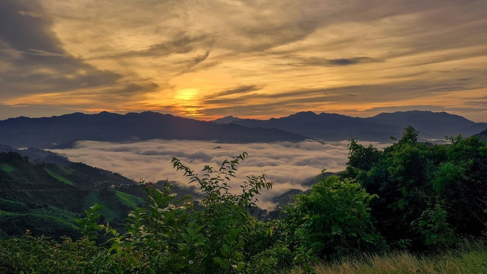 Khoảnh khắc đáng giá nhất ở Tăk Pổ là khi mặt trời vừa nhú lên sau rặng núi, bầu trời chuyển dần sang sắc hồng nhạt và từng đợt mây trôi bồng bềnh ngay dưới chân. Ảnh VT