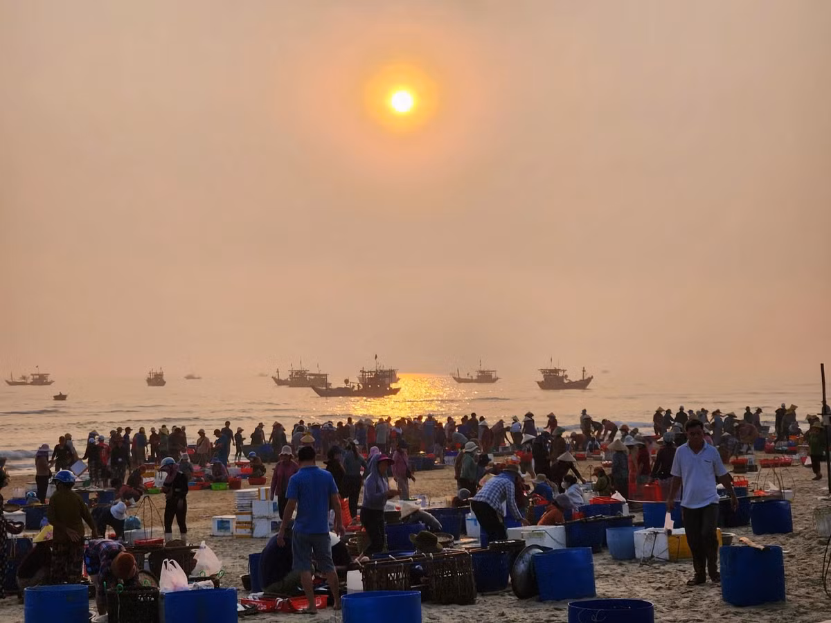 Khoảng 4–5 giờ sáng, khi thuyền thúng, thuyền máy lần lượt cập bờ sau một đêm đánh bắt ngoài khơi, hàng chục phụ nữ và thương lái đã chờ sẵn, sẵn sàng cho một phiên chợ ngắn ngủi nhưng đầy sôi động. Cá, mực, tôm, ghẹ... tươi rói được chuyển từ khoang thuyền xuống những chiếc rổ nhựa rồi nhanh chóng phân loại, cân bán ngay tại chỗ. Ảnh Thanh Tuan