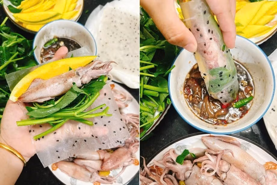 Phần nước chấm được pha từ 3 thìa nước mắm, 2 thìa đường, 2 thìa nước lọc, 1 thìa nước cốt chanh và ớt khô tùy khẩu vị, khuấy đều cho tan đường và nêm nếm vừa miệng. Khi ăn, ngâm mềm bánh tráng rồi lần lượt đặt rau muống, xoài, miếng mực lên, cuốn chặt tay và chấm cùng nước mắm chua cay để cảm nhận trọn vẹn vị ngon thanh mát, đậm đà của món ăn đang gây “sốt” này. Ảnh Hà Nguyên