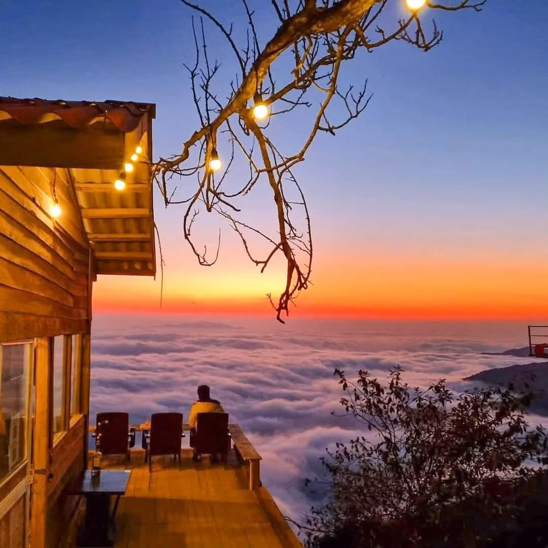 Từ ban công, du khách có thể thu trọn khung cảnh hùng vĩ của núi rừng, ngắm mây trôi lững lờ ngay dưới chân và hít thở bầu không khí trong lành, mát rượi. Một tách trà nóng, một khoảnh khắc tĩnh lặng giữa biển mây – đủ để khiến lòng người an yên đến lạ. Giá: 30.000–60.000 đồng/món. Ảnh Fanpgae Tiệm cà phê Mị ơi