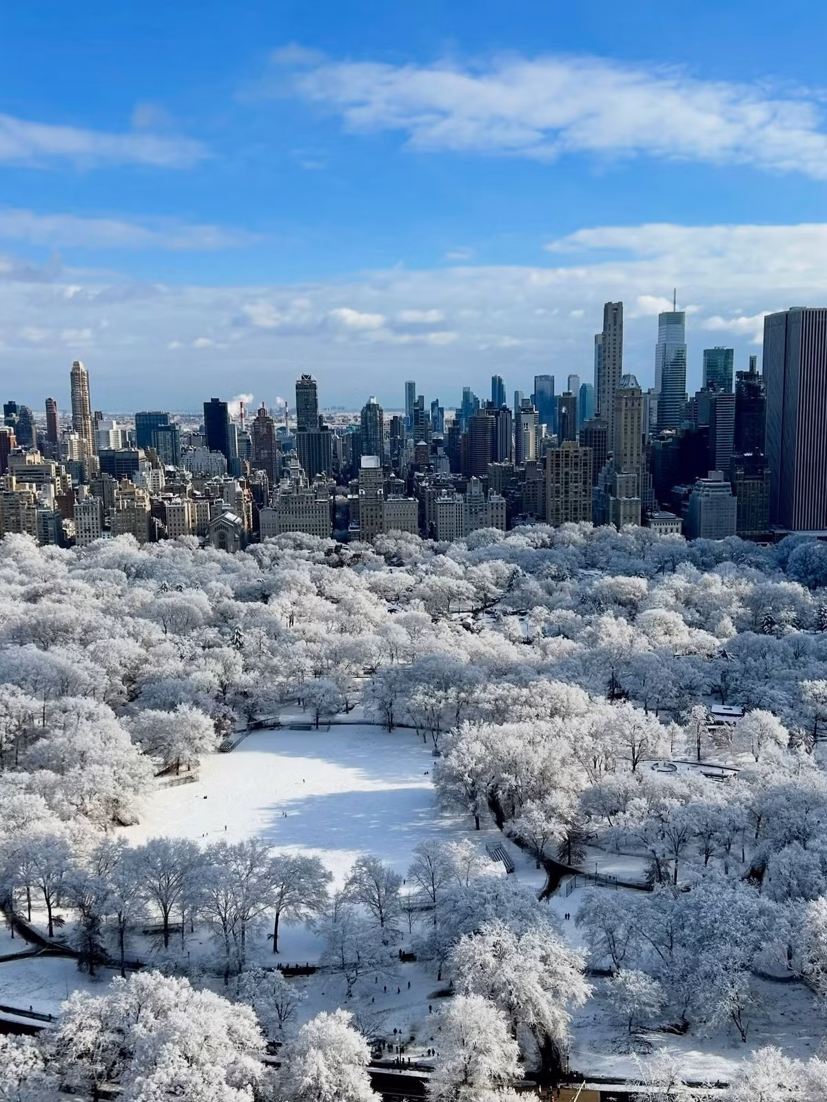 Điểm đến đầu tiên mà du khách không thể bỏ lỡ trong hành trình săn tuyết chính là Central Park. Nơi đây vào mùa đông đẹp như một bức tranh sơn dầu khổng lồ, khi tán cây trụi lá, mặt hồ đóng băng và tuyết rơi dày trên những lối đi uốn lượn. Ảnh Hanoitourist