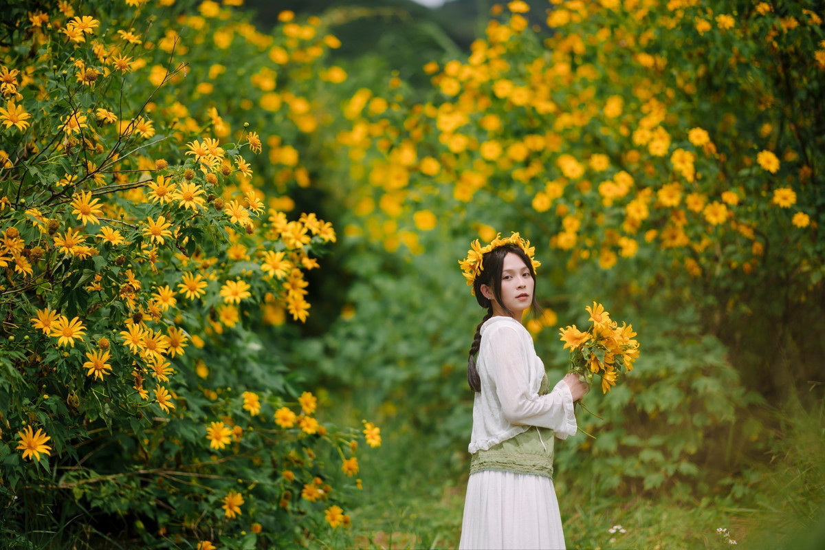 Nếu đến vào buổi chiều, du khách còn có thể ngắm hoàng hôn buông xuống trên triền hoa, sắc vàng pha cùng ánh đỏ tạo nên khung cảnh huyền ảo rất riêng của cao nguyên. Ảnh Quangdalat