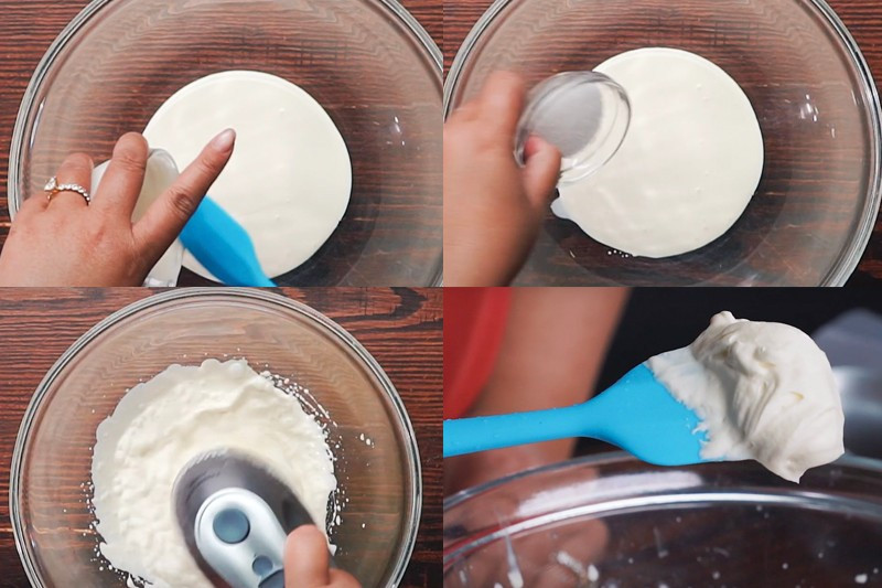 Trộn bột mì đã rây mịn với đường, sau đó thêm lòng đỏ, lòng trắng trứng, sữa tươi và nước cốt dừa, khuấy nhẹ nhàng để hỗn hợp hòa quyện. Bột nên được nghỉ trong ngăn mát tủ lạnh khoảng 30 phút để vỏ bánh sau khi rán mềm mịn. Trong lúc chờ bột, bạn đánh kem tươi cùng đường đến khi kem bông cứng, nghiêng tô kem không bị chảy là đạt yêu cầu, sau đó bảo quản trong ngăn mát đến khi dùng. Ảnh minh họa