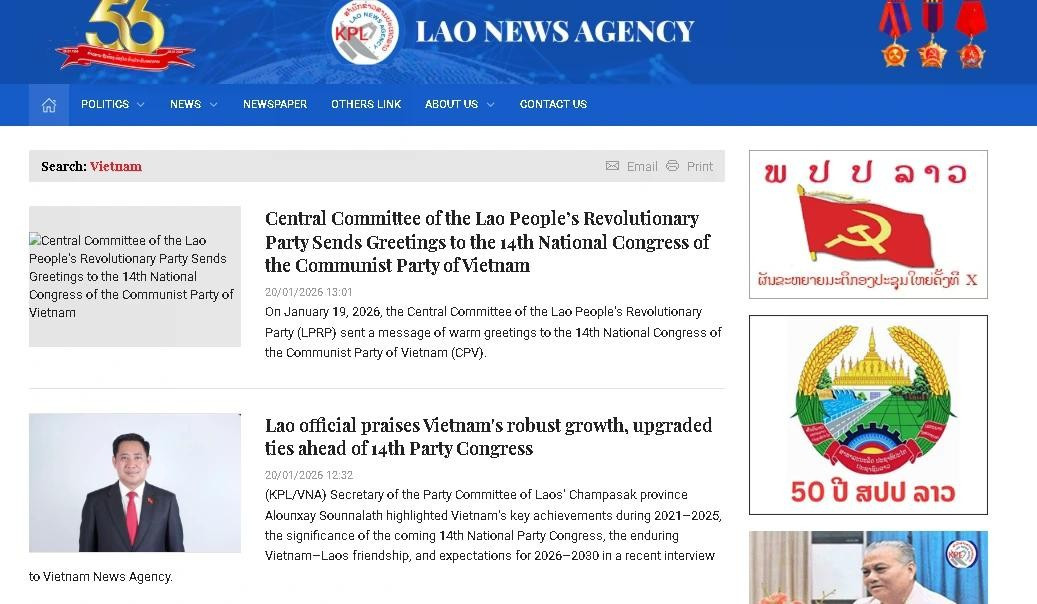 Hãng thông tấn Lào đăng tải nhiều bài viết về Đại hội XIV của Đảng Cộng sản Việt Nam