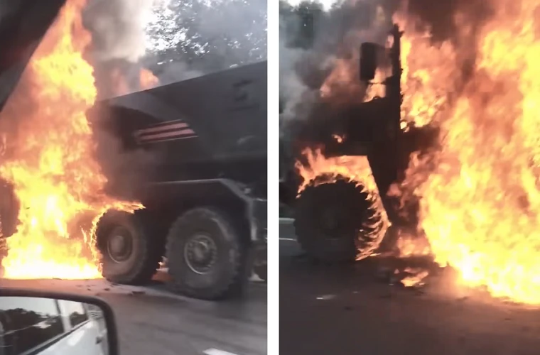 Xe bọc thép "khủng" của Nga bốc cháy dữ dội trên đường cao tốc