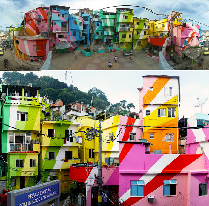 Những ngôi nhà đầy màu sắc ở Santa Marta, Rio De Janeiro, Brazil.