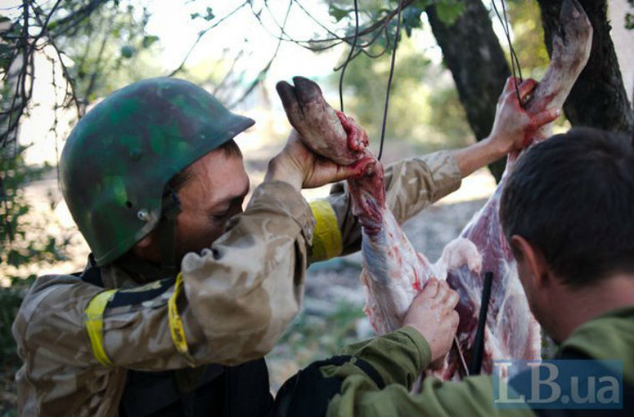 Các binh sĩ Ukraine tranh thủ xẻ thịt thú rừng săn được để cải thiện.