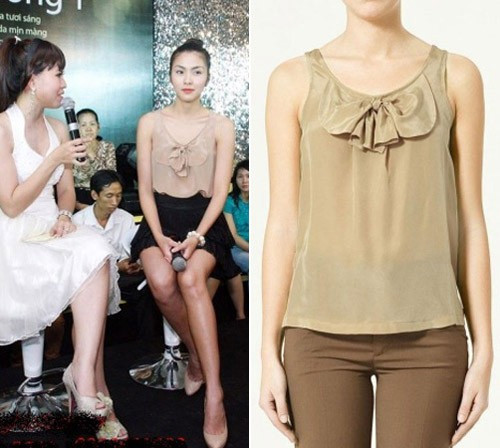 Không hổ danh là một trong những "fan ruột" của thương hiệu thời trang bình dân, Tăng Thanh Hà đón đầu phong cách mặc áo ba lỗ lụa màu nude cùng thương hiệu.