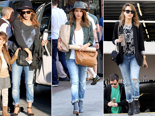 Jessica Alba có cả tủ quần jeans, nhưng chiếc quần mài rách hiệu Galaxy giá 88 USD được cô trưng dụng nhiều nhất.