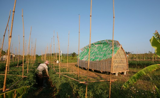 Với diện tích chỉ 16m2, ngôi nhà sử dụng vật liệu tre, mái lợp bằng 3.000 vỏ chai nhựa. Công trình do nhóm kiến trúc Hoàng Thúc Hào, Nguyễn Duy Thanh, Vũ Xuân Sơn thiết kế.