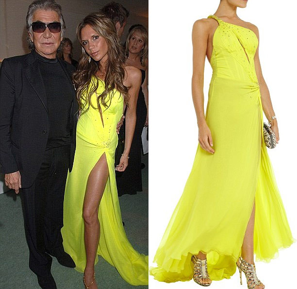 Chiếc váy màu vàng xẻ cao đùi của nhà thiết kế Roberto Cavalli được bà Beck mặc trong bữa tiệc tiền World Cup năm 2006.