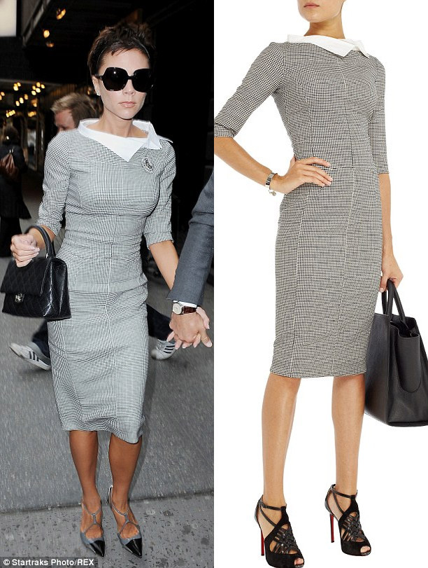Victoria Beckham lịch lãm trong chiếc váy dài ngang gối, ôm sát cùng chồng tới xem buổi biểu diễn của Katie Holmes trên sân khấu kịch Broadway năm 2008.