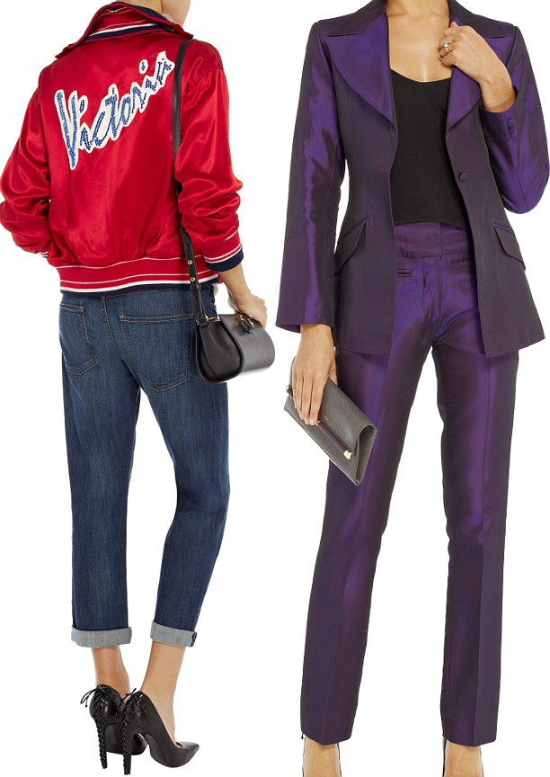 Chiếc áo jacket (trái) được thiết kế riêng cho Victoria làm trang phục diễn khi cô còn trong nhóm Spice Girls và bộ vest màu tím cô mặc năm 1998 khi đi chơi với Davdi Beckham dịp Valentine năm 1998 là hai trong số những món đồ được đem bán đấu giá.