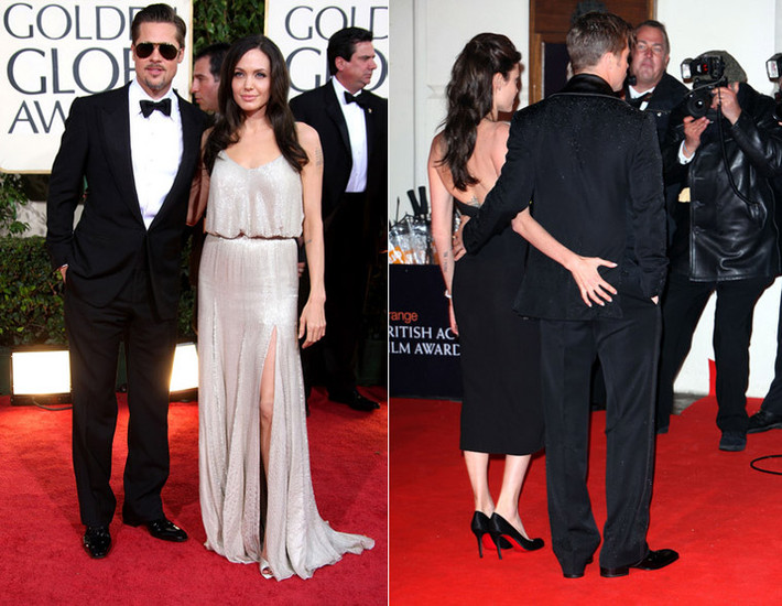 Những vòng tay ôm âu yếm của Brad Pitt và Angelina Jolie trên thảm đỏ Quả Cầu Vàng năm 2009 (trái) và sự kiện Orange British Academy Film Awards 2009 ở London.