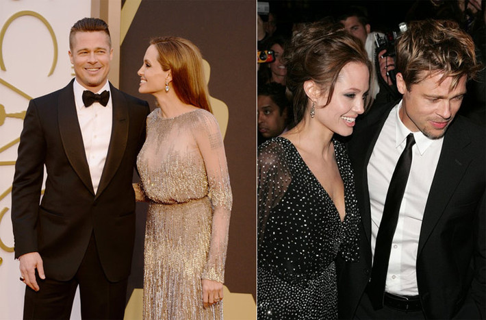 Cái nhìn đầy âu yếm Angelina Jolie dành cho Brad Pitt trên thảm đỏ Oscar tháng 2/2014 (trái). Hành động Brad lấy thân che chắn phóng viên ảnh cho người tình trong buổi công chiếu "The Good Shepherd" năm 2006 đủ thấy anh nâng niu cô thế nào.