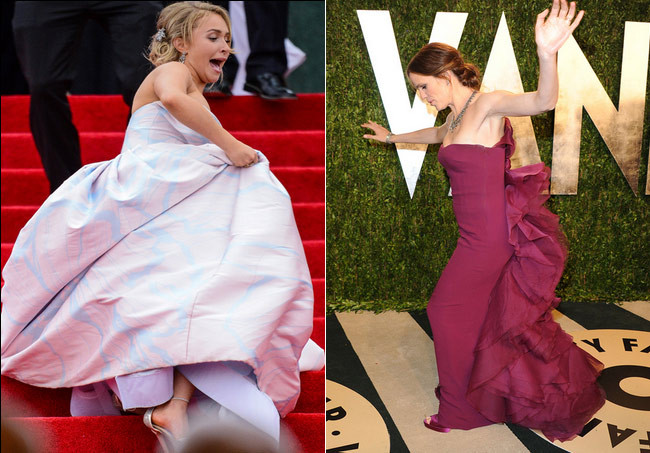Đôi giày cao gót, chiếc váy dài lòe xòe đã làm Hayden Panettiere vấp ngã khi bước trên cầu thang trải thảm đỏ một sự kiện (trái). Jennifer Garner loạng choạng trên thảm đỏ sự kiện Vanity Fair.